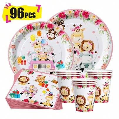 粉色边框丛林动物一次性餐盘、餐巾纸和杯子，派对用品套装，可供 24 人使用，一次性纸质派对餐具，适合生日、婚礼、主题派对、家庭野餐。