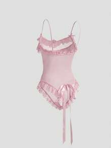 DAZY Lace & Mesh Patchwork Semi-Sheer Floral Decor Bodysuit, Fitted Spaghetti Strap Ruffle Trim Sexy Jumpsuit For Women - Pink - View 2