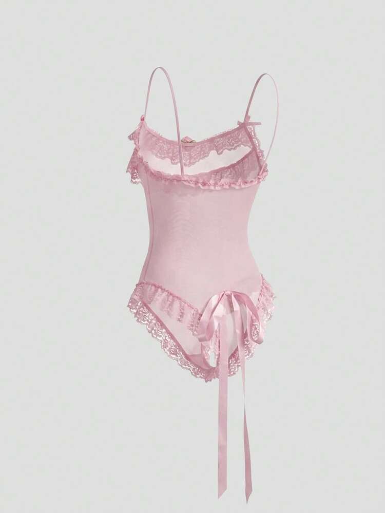 Lace & Mesh Patchwork Semi-Sheer Floral Decor Bodysuit, Fitted Spaghetti Strap Ruffle Trim Sexy Jumpsuit For Women