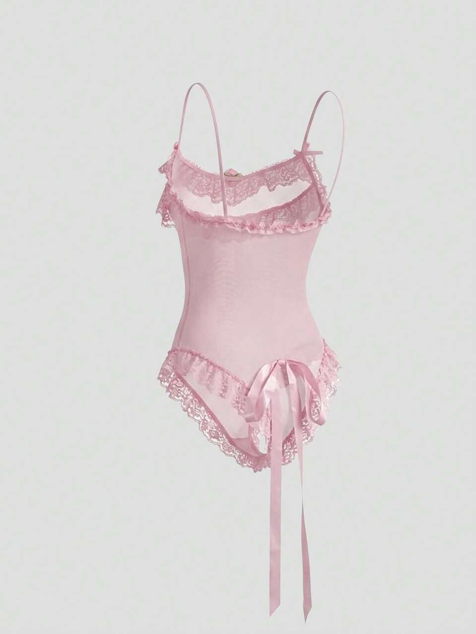 Lace & Mesh Patchwork Semi-Sheer Floral Decor Bodysuit, Fitted Spaghetti Strap Ruffle Trim Sexy Jumpsuit For Women