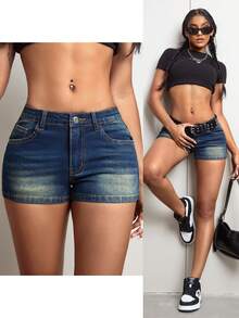 SHEIN Jeanoir Quần short denim nữ dáng ôm, đa năng, có túi. - Rửa tối - Xem 9