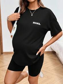 SHEIN Setelan Ibu Hamil 2 Potong Kasual untuk Pemotretan Musim Panas, Kaos Lengan Pendek dan Celana Pendek dengan Motif Huruf - Hitam - View 10