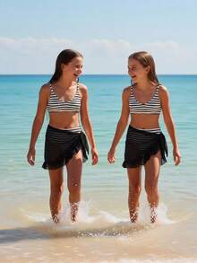 3pcs/Set Girls' Blue & White Knit Texture Striped Swimsuit Set, Summer Beach Holiday - Black - View 3