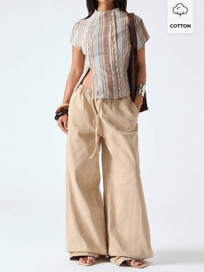 LYSMO 女士休闲条纹前开襟短袖衬衫，夏季