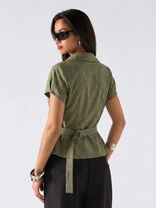 LYSMO 2026 New Minimalist Spring/Summer Women's Fashion Plaid Belted Shirt, Summer Blouse - Multicolor - View 2