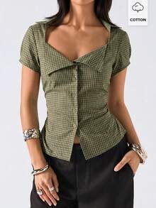 LYSMO 2026 New Minimalist Spring/Summer Women's Fashion Plaid Belted Shirt, Summer Blouse - Multicolor - View 5