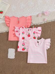SHEIN Gentle Purple Stripe, 3D Bow Pattern, Young Girl Casual Simple Versatile Round Neck Cap Sleeve T-Shirt 1pc Suitable For Spring/Summer Daily Wear, - Multicolor - View 2