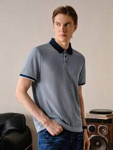 Men Blue Color Summer Celebration Season Navy Contrast Collar Vertical Striped Textured Polo Shirt For Knitted, Plain Short Sleeve - Blue - View 4