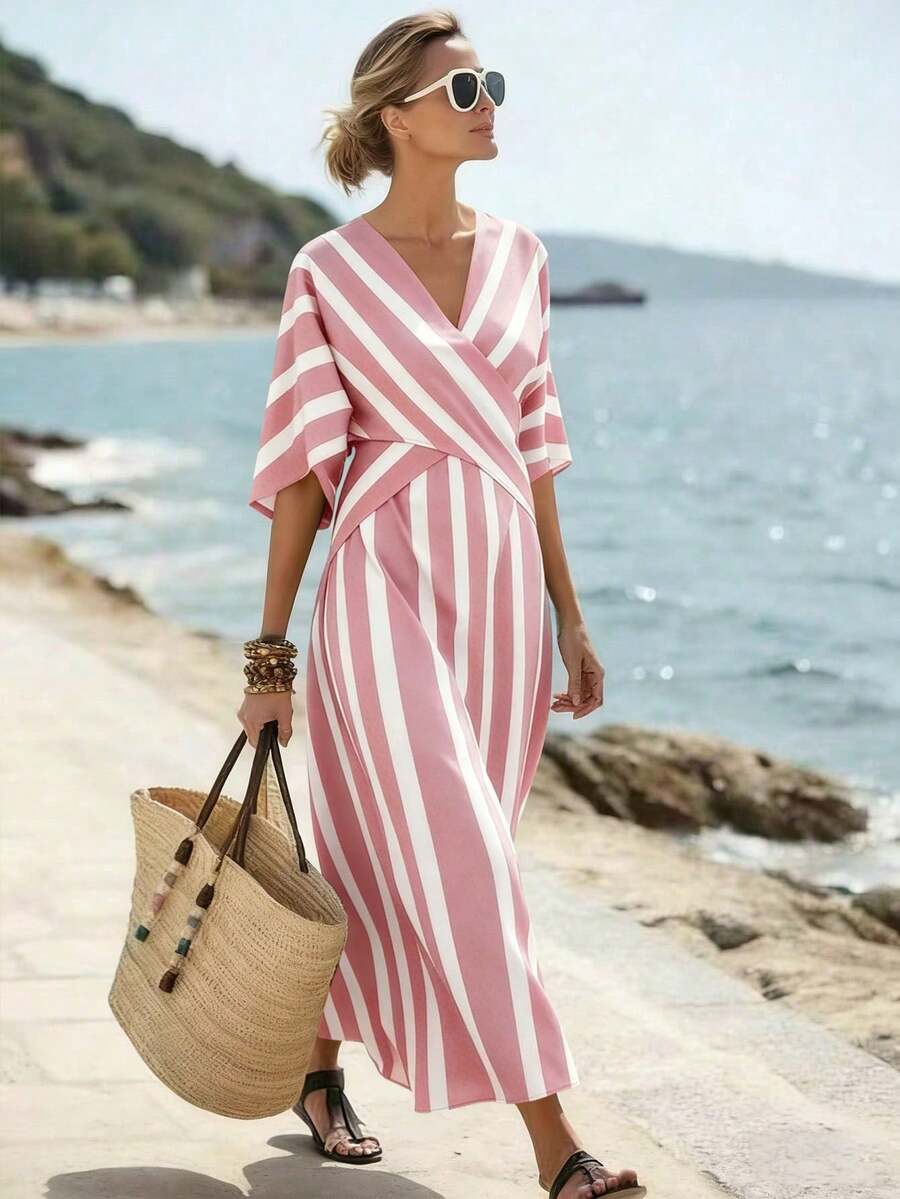 SHEIN Holidaya 女士黄色条纹宽松度假春夏V领修身连衣裙,适合度假、休闲、居家和日常活动 - 粉色 - 查看 1