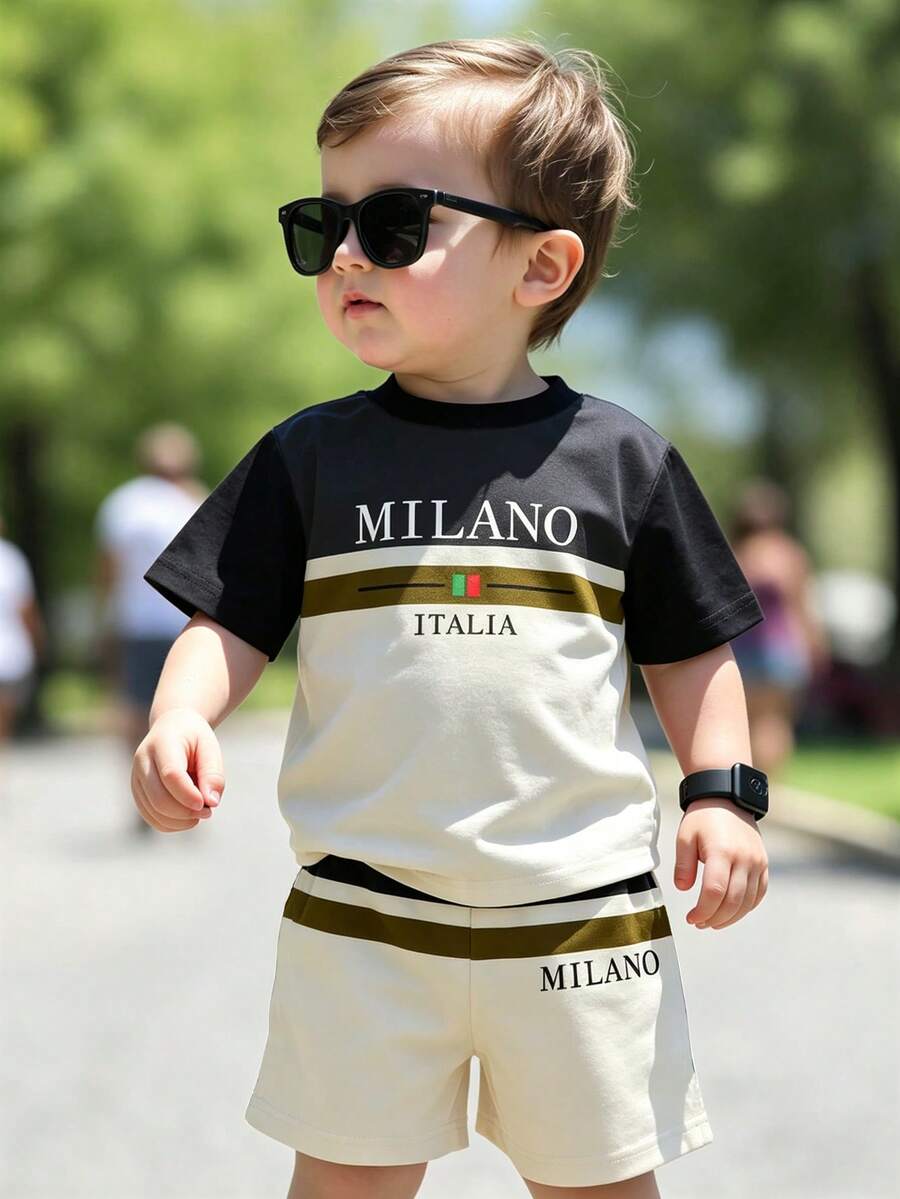 Souflis Souflis Set di t-shirt a girocollo e pantaloncini abbinati con stampa a blocchi di colore nero e cachi, adatto per bambini maschi, ideale per l'estate, casual, all'aperto, sport, scuola - Multicolore - Visualizzare 1