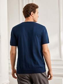 Officeau Men's Casual Solid Color Short Sleeve Pullover Knit Top, Spring/Summer - Navy Blue - View 3