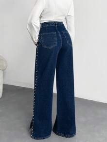 EURMUSE Pärljeans med hög midja och vida ben i denim med sidoslits - Mörktvätt - Visa 2