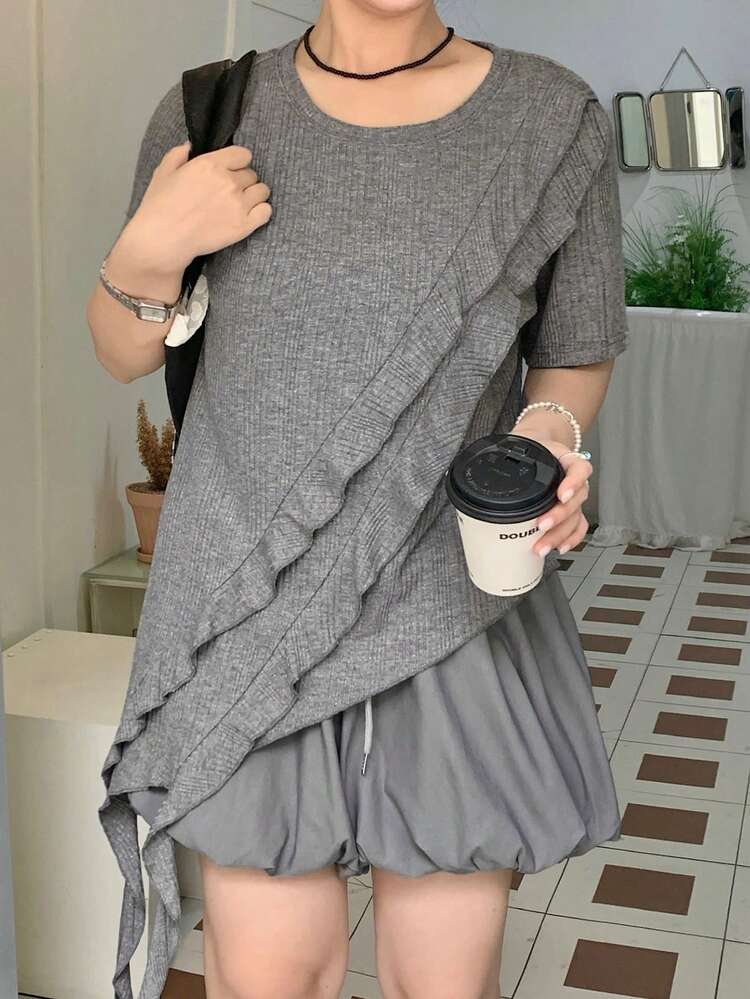 Dazy Plus 2pcs/Set Asymmetrical Ruffle Patchwork Top And Tight Waist Tulip Pants, Casual Spring/Summer Outfit For Plus Size Women Lounge Sets For Women