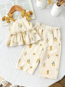 2 Stücke Baby Mädchen gewebte Blumen Schleife Dekor lässige Weste und Hose Set - Gelb - Übersicht 3
