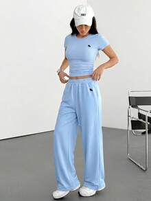 Muchica Women's Knight Print Pleated Short Sleeve Top And Pants Casual 2 Pieces Set - Baby Blue - View 5