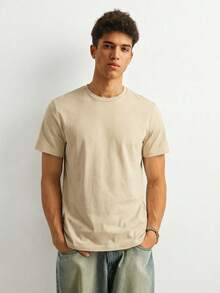 SWAVVY Men's Letter Print Round Neck Casual Knit Short Sleeve T-Shirt - Khaki - View 4