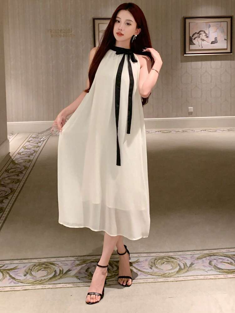 Women's Contrast Color Bow Tie Sleeveless Elegant Korean Style Mid-Length Party Dress