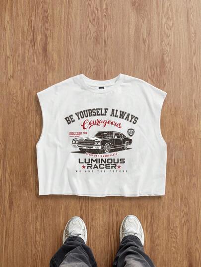 Manfinity Joysei Men's Casual Retro Distressed Car Graphic Print White Short Tank Top
