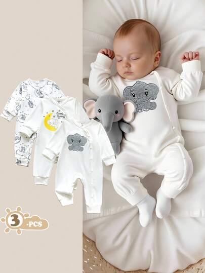 SHEIN Vintaside Kids 男婴卡通印花长袖连体衣和裤子三件套，适合居家、外出、度假及各种场合。