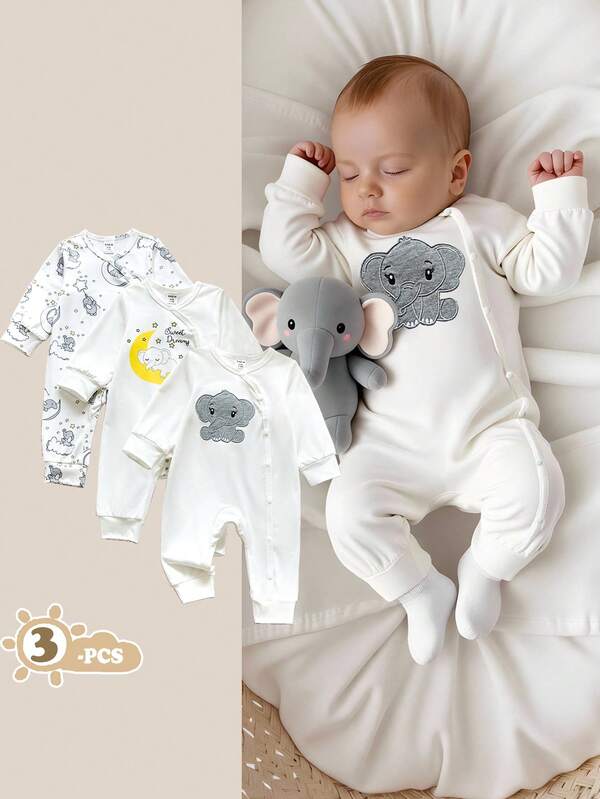 SHEIN Vintaside Kids 男婴卡通印花长袖连体衣和裤子三件套，适合居家、外出、度假及各种场合。