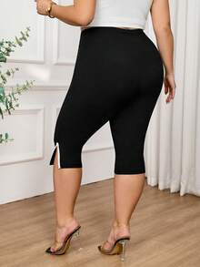 SHEIN CURVE+ 女士纯色长裤，夏季时尚之选 - 黑色 - 查看 2