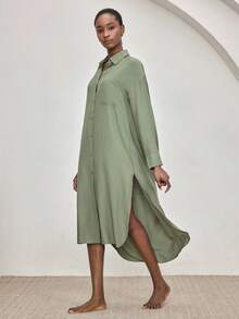 Ocili Soft & Comfortable Mandarin Collar Long Sleeve Maxi Dress With Shell Buttons, Viscose & Cotton Blend Sleepwear For Women - Dark Green - View 8