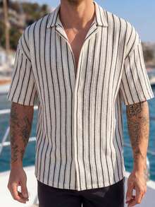 VIVINTIMO Men's Summer Casual Vacation Beach Contrast Color Striped Print Short Sleeve Shirt - Black and White - View 2