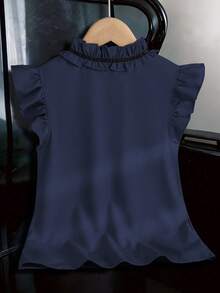 Elladie kids 少女春夏休闲优雅通勤甜美圆领无袖荷叶边复古风衬衫，纯色衬衫 - 藏蓝色 - 查看 2