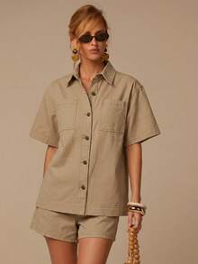 COSMINA Denim 女士纯色短袖单排扣衬衫和短裤休闲牛仔套装，口袋设计，优雅日常牛仔套装，白色牛仔套装，适合日常外出、度假穿着，宽松版型，休闲牛仔套装 - 卡其色 - 查看 2