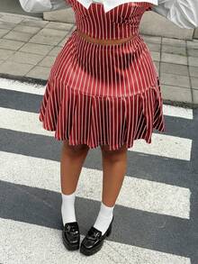 Maweii 女士条纹百褶休闲通勤简约优雅小众设计新款必备日常穿搭黑色优雅精致大码半身裙，春夏秋季 - 酒紅色 - 查看 5
