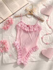 DAZY Lace & Mesh Patchwork Semi-Sheer Floral Decor Bodysuit, Fitted Spaghetti Strap Ruffle Trim Sexy Jumpsuit For Women - Pink - View 5