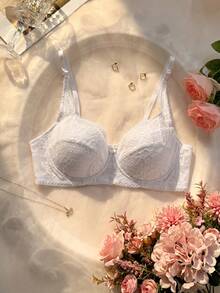 DAZY Adjustable Lace Spaghetti Strap Slightly Gathered White Bra, Women's Lingerie For Summer - White - View 12