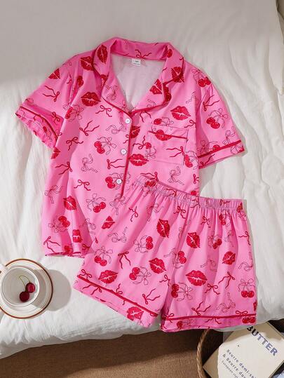 Tween Girls 2 Pieces Pajama Set, Butterfly & Lip Print Knit Cardigan With Contrast Trim And Shorts, Summer