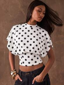 SHEIN BAE Women's Elegant White And Black Polka Dot Batwing Sleeve Cropped T-Shirt, Summer, Chic, Tea Party Going Out Day Party Brunch Casual Top For Beach - Black and White - View 4