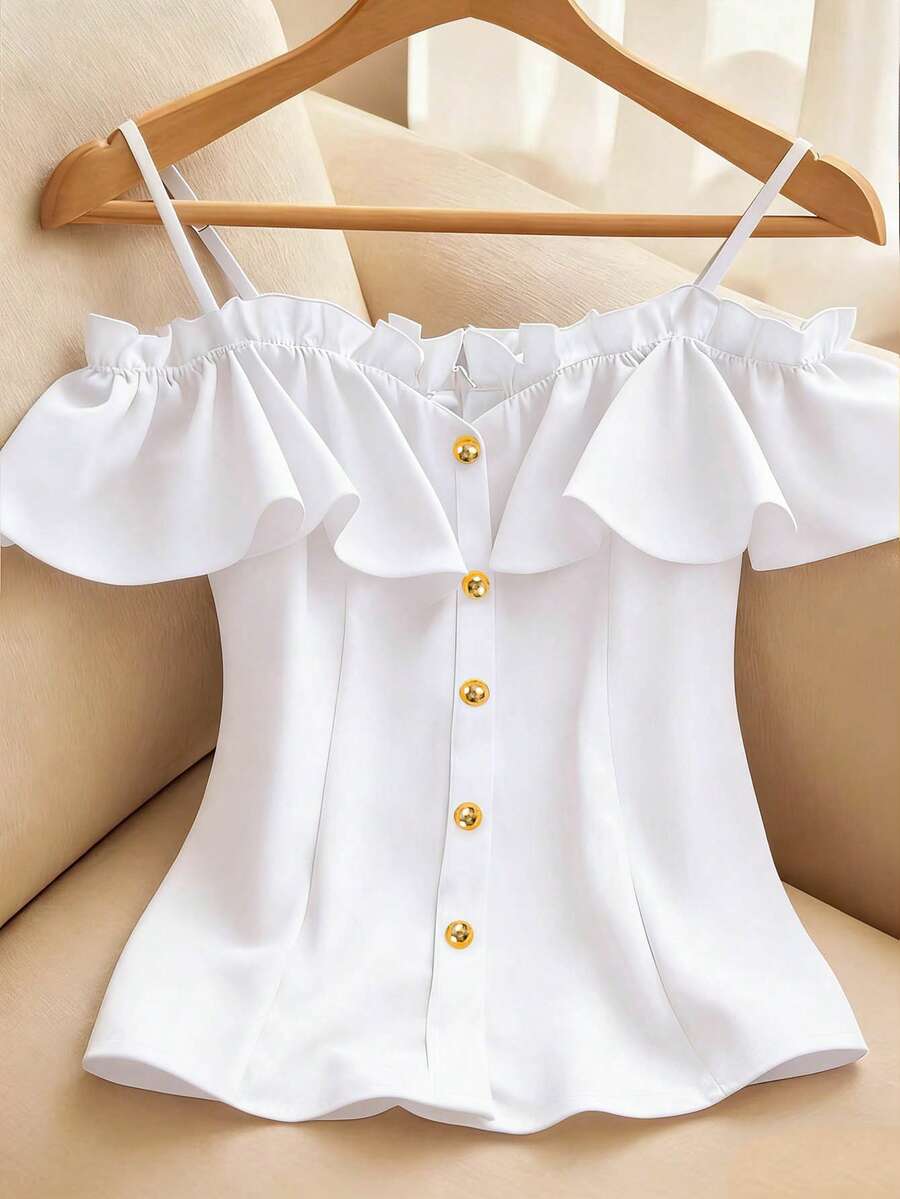 Resyla Blusa de hombros descubiertos con volantes de unicolor para mujer de talla grande - Blanco - Ver 1