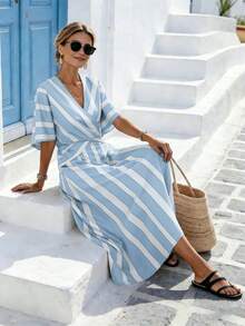 SHEIN Holidaya 女士黄色条纹宽松度假春夏V领修身蝙蝠袖连衣裙，适合度假、休闲、居家和日常活动 - 薄荷藍 - 查看 4