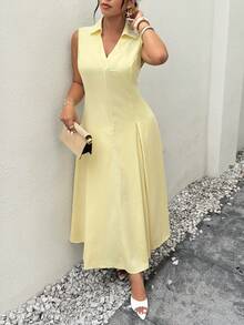 Firerie Plus Size Women's Elegant Summer Yellow Sleeveless V-Neck Waist Gathered A-Line Dress,Casual Daily Commute Beach Tea Party Vacation Chic - Yellow - View 6