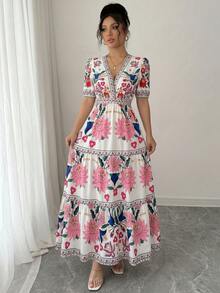 SHEIN Elenzya Đầm tay cánh hoa in họa tiết hoa dành cho nữ, kiểu dáng thanh lịch cho kỳ nghỉ. - Nhiều màu - Xem 5