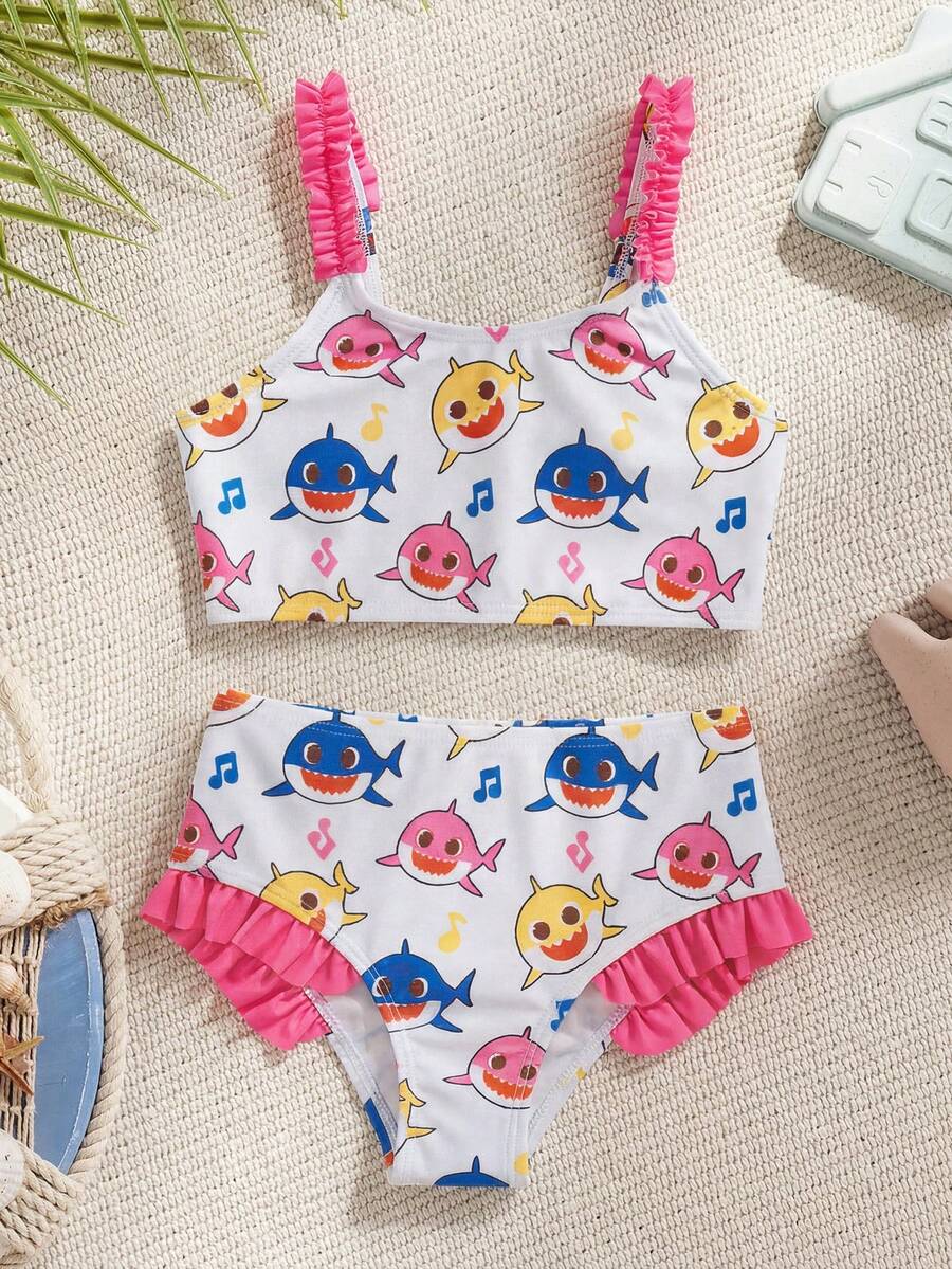 BABY SHARK X SHEIN 女童卡通印花荷叶边吊带背心式泳衣上装和三角泳裤套装 - 淺粉色 - 查看 1
