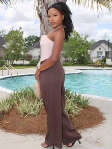 女士复古优雅提花卷边褶皱阔腿裤，秋冬 - 咖啡棕 - 查看 3