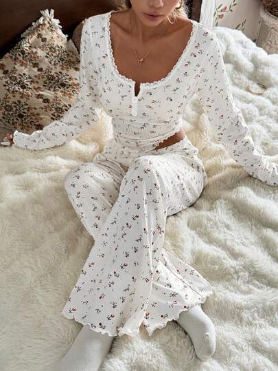 CottageSlumber 蕾丝边方领浪漫花卉提花针织长袖睡衣套装