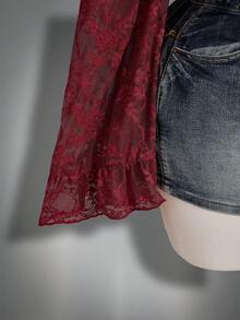 SHEIN ICON Blusa de manga de campana con encaje para mujer de talla grande - Morado - Ver 9