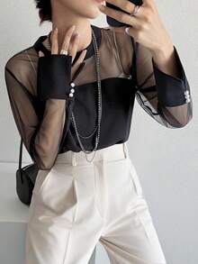 FRIFUL Damen Einfarbiges Mesh Patchwork Langarm Modisches T-Shirt - Schwarz - Übersicht 7