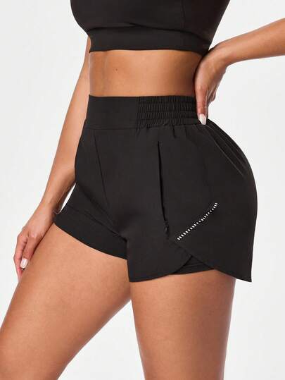 Easithlete Women's Sports Yoga Outdoor Gym 2 In 1 Shorts, Geometric Line Print Side Zipper Pockets, Wide Waistband