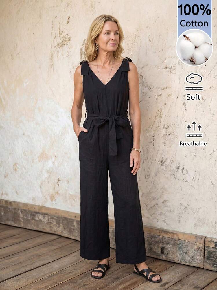 Women's Solid Color Knotted Shoulder Sleeveless Jumpsuit Summer Outfits For Women Vacation Outfits Women Holiday Outfits For Women Summer Holiday Outfits Women's Jumpsuit Women's Elegant Jumpsuit Jumpsuits For Women Summer Rompers For Women Vacation Black Jumpsuit For Women Going Out Outfit