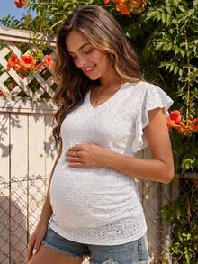 SHEIN Maternity Hollow-Out Embroidered V-Neck Ruffle Sleeve Casual T-Shirt - White - View 1