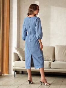 Selenza 女士深V领七分袖性感牛仔连衣裙 - 藍色 - 查看 5