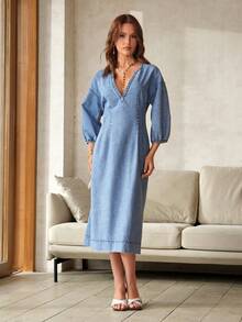 Selenza 女士深V领七分袖性感牛仔连衣裙 - 藍色 - 查看 7