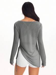 Eassivo Eassivo Women's Casual Solid Color Side Drawstring Long Sleeve Sports T-Shirt, Autumn Workout Shirts For Women Work Out Cover Up Top Loose Tops Blouse Gym - Grey - View 3