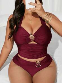 SHEIN Swim Lushore Bộ đồ bơi tankini 2 mảnh màu xanh lá cây dành cho nữ cỡ lớn, kiểu cổ yếm khoét rỗng, lưng trần xếp nếp, thanh lịch và thời trang. - Màu Đỏ Sâu - Xem 1